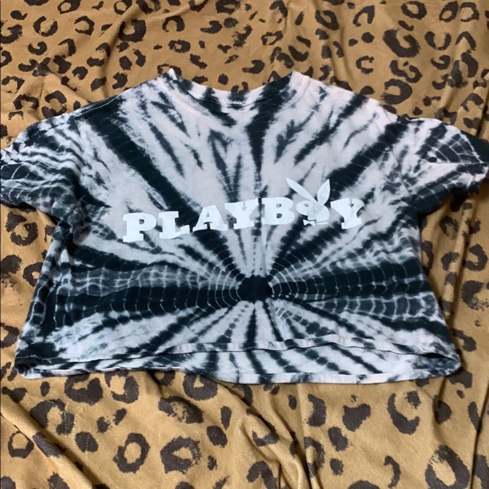 PLAYBOY Black and White Crop Top with Tie-Dye Design